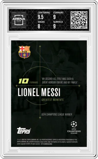 Lionel Messi from the 2020 Topps Lionel Messi Champions League set graded by Arena Club and given an overall grade of 8.5.