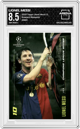 Lionel Messi from the 2020 Topps Lionel Messi Champions League set graded by Arena Club and given an overall grade of 8.5.
