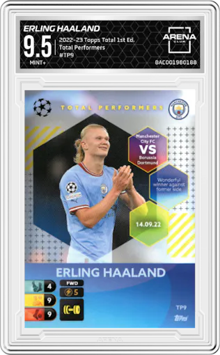 Erling Haaland from the 2022-23 Topps Total Football 1st Edition set graded by Arena Club and given an overall grade of 9.5.
