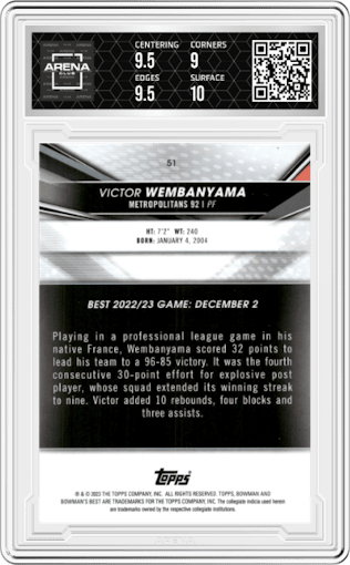 Victor Wembanyama from the 2022-23 Bowman University Best set graded by Arena Club and given an overall grade of 9.5.