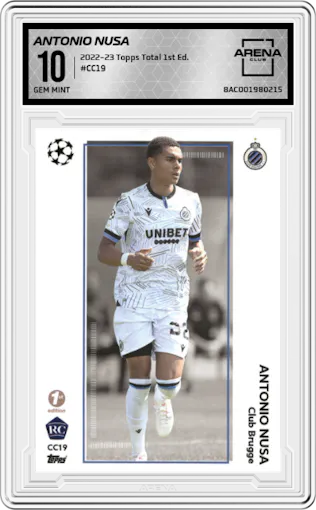 Antonio Nusa from the 2022-23 Topps Total Football 1st Edition set graded by Arena Club and given an overall grade of 10.