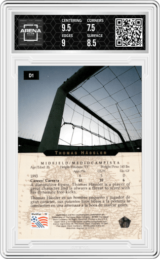 Thomas Hassler from the 1994 Upper Deck World Cup Contenders English/Spanish set graded by Arena Club and given an overall grade of 8.