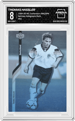 Thomas Hassler from the 1994 Upper Deck World Cup Contenders English/Spanish set graded by Arena Club and given an overall grade of 8.