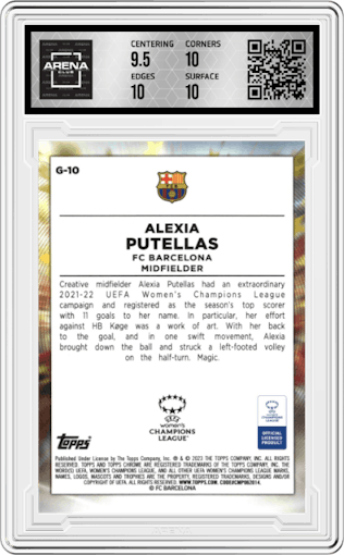 Alexia Putellas from the 2022-23 Topps Chrome UEFA Women’s Champions League set graded by Arena Club and given an overall grade of 10.
