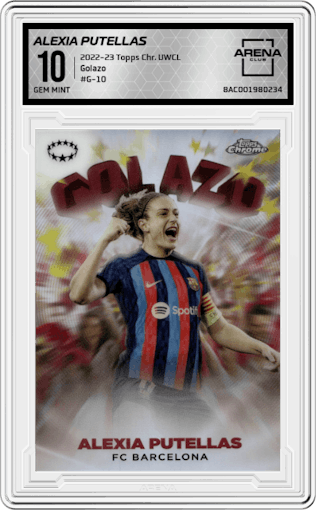 Alexia Putellas from the 2022-23 Topps Chrome UEFA Women’s Champions League set graded by Arena Club and given an overall grade of 10.