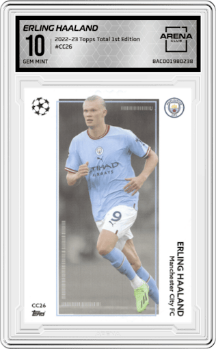 Erling Haaland from the 2022-23 Topps Total Football 1st Edition set graded by Arena Club and given an overall grade of 10.