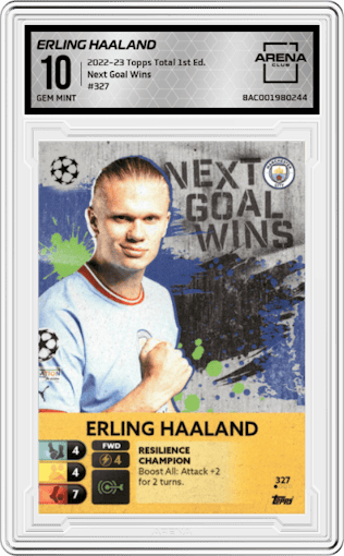 Erling Haaland from the 2022-23 Topps Total Football 1st Edition set graded by Arena Club and given an overall grade of 10.