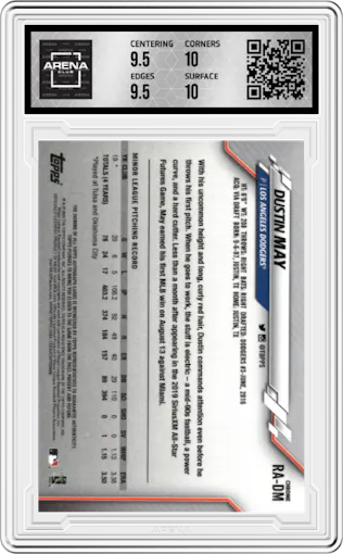Dustin May from the 2020 Topps Chrome set graded by Arena Club and given an overall grade of 10.
