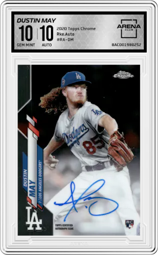 Dustin May from the 2020 Topps Chrome set graded by Arena Club and given an overall grade of 10.