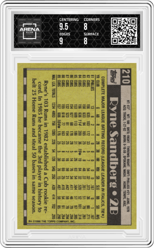 Ryne Sandberg from the 1990 Topps set graded by Arena Club and given an overall grade of 8.5.