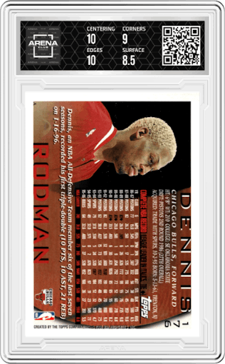Dennis Rodman from the 1996-97 Topps set graded by Arena Club and given an overall grade of 9.