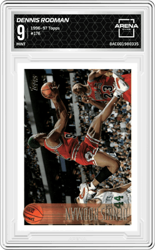 Dennis Rodman from the 1996-97 Topps set graded by Arena Club and given an overall grade of 9.