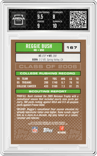 Reggie Bush from the 2007 Topps Draft Picks & Prospects set graded by Arena Club and given an overall grade of 8.5.