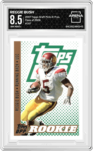 Reggie Bush from the 2007 Topps Draft Picks & Prospects set graded by Arena Club and given an overall grade of 8.5.