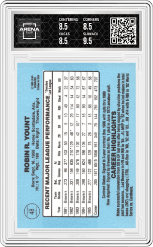 Robin Yount from the 1986 Donruss set graded by Arena Club and given an overall grade of 9.