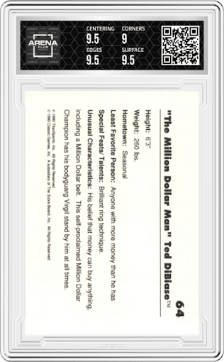 The Million Dollar Man Ted DiBiase from the 1990 Classic WWF set graded by Arena Club and given an overall grade of 9.5.