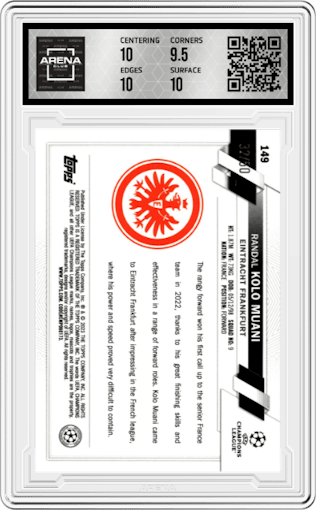 Randal Kolo Muani from the 2022-23 Topps Chrome UEFA Club Competitions set featuring a Gold Mini-Diamond Refractor parallel graded by Arena Club and given an overall grade of 10.