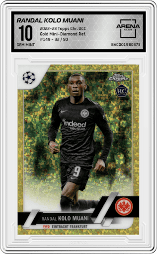 Randal Kolo Muani from the 2022-23 Topps Chrome UEFA Club Competitions set featuring a Gold Mini-Diamond Refractor parallel graded by Arena Club and given an overall grade of 10.