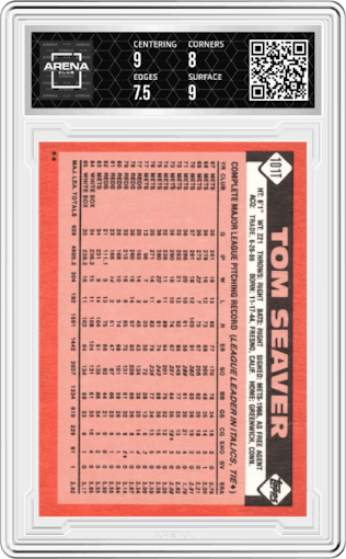 Tom Seaver from the 1986 Topps Traded set graded by Arena Club and given an overall grade of 8.