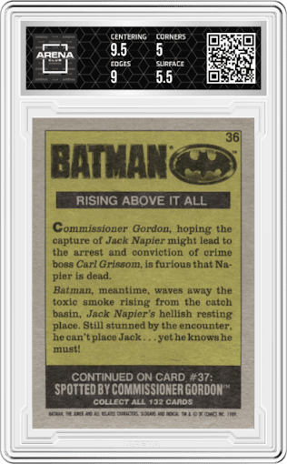 Rising Above It All from the 1989 Topps Batman set graded by Arena Club and given an overall grade of 5.5.