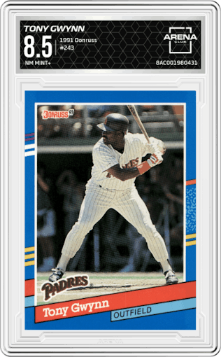 Tony Gwynn from the 1991 Donruss set graded by Arena Club and given an overall grade of 8.5.