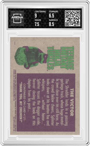 The Victor from the 1990 Topps Teenage Mutant Ninja Turtles: The Movie set graded by Arena Club and given an overall grade of 7.