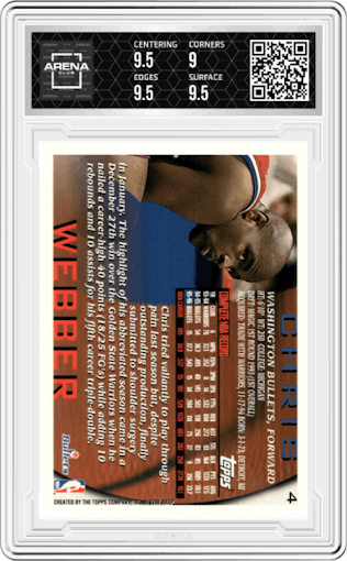 Chris Webber from the 1996-97 Topps set graded by Arena Club and given an overall grade of 9.5.