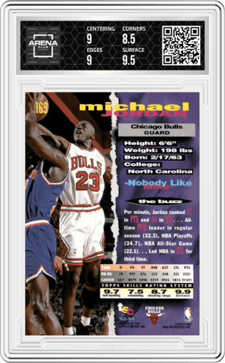 Michael Jordan from the 1993-94 Topps Stadium Club set graded by Arena Club and given an overall grade of 9.