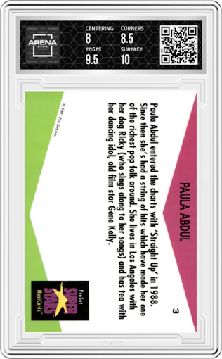 Paula Abdul from the 1991 ProSet SuperStars MusiCards UK set graded by Arena Club and given an overall grade of 8.5.