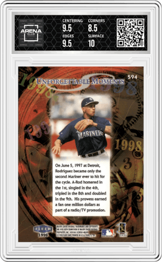 Alex Rodriguez from the 1998 Fleer Tradition set graded by Arena Club and given an overall grade of 9.