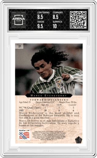 Marco Etcheverry  from the 1994 Upper Deck World Cup Heroes and All-Stars set graded by Arena Club and given an overall grade of 9.
