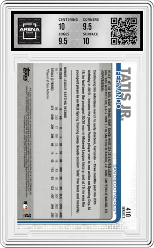 Fernando Tatis Jr. from the 2019 Topps Series 2 set graded by Arena Club and given an overall grade of 10.