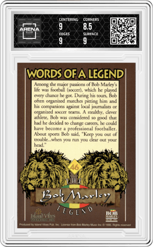 Bob Marley from the 1995 Island Vibes set graded by Arena Club and given an overall grade of 9.