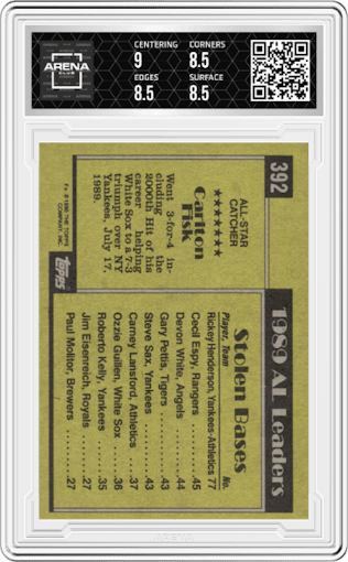 Carlton Fisk from the 1990 Topps set graded by Arena Club and given an overall grade of 8.5.