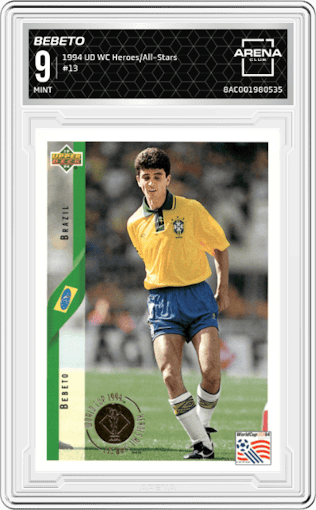 Bebeto from the 1994 Upper Deck World Cup Heroes and All-Stars set graded by Arena Club and given an overall grade of 9.