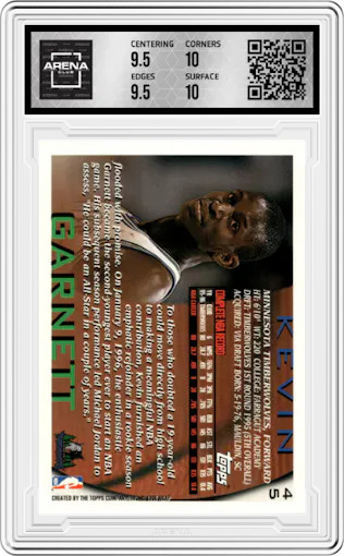 Kevin Garnett from the 1996-97 Topps set graded by Arena Club and given an overall grade of 10.