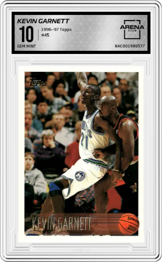 Kevin Garnett from the 1996-97 Topps set graded by Arena Club and given an overall grade of 10.
