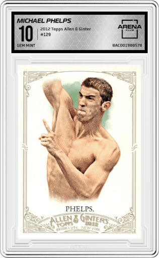Michael Phelps from the 2012 Topps Allen & Ginter set graded by Arena Club and given an overall grade of 10.