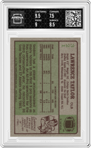 Lawrence Taylor from the 1984 Topps set graded by Arena Club and given an overall grade of 8.