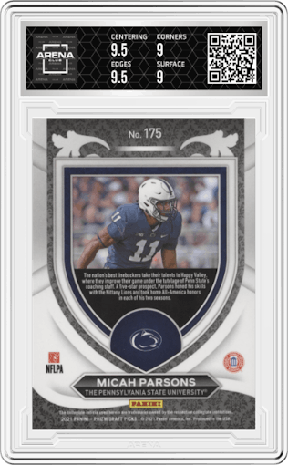 Micah Parsons from the 2021 Panini Prizm Draft Picks set graded by Arena Club and given an overall grade of 9.5.