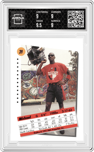Michael Jordan from the 1991-92 Skybox set graded by Arena Club and given an overall grade of 9.