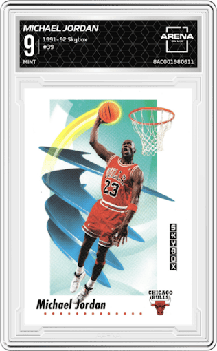 Michael Jordan from the 1991-92 Skybox set graded by Arena Club and given an overall grade of 9.