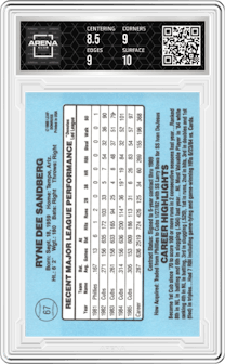 Ryne Sandberg from the 1986 Donruss set graded by Arena Club and given an overall grade of 9.