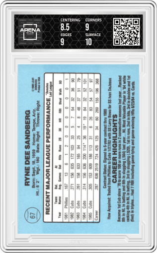 Ryne Sandberg from the 1986 Donruss set graded by Arena Club and given an overall grade of 9.