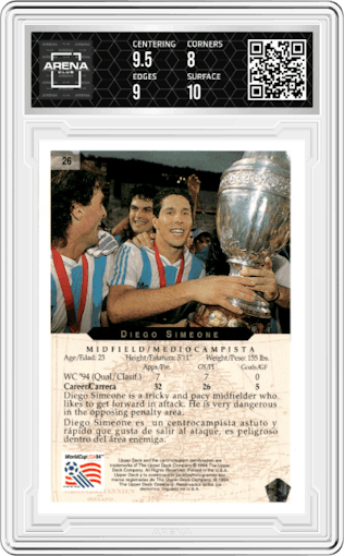 Diego Simeone from the 1994 Upper Deck World Cup Heroes and All-Stars set graded by Arena Club and given an overall grade of 8.5.
