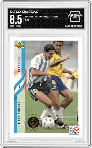 Diego Simeone from the 1994 Upper Deck World Cup Heroes and All-Stars set graded by Arena Club and given an overall grade of 8.5.
