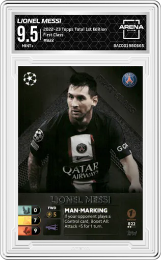 Lionel Messi from the 2022-23 Topps Total Football 1st Edition set graded by Arena Club and given an overall grade of 9.5.