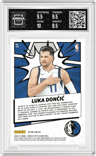 Luka Doncic from the 2020-21 Panini Donruss Optic set featuring a Gold Wave parallel graded by Arena Club and given an overall grade of 9.