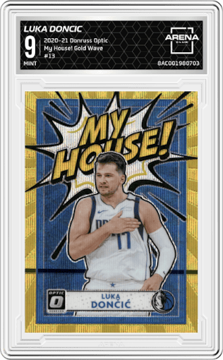 Luka Doncic from the 2020-21 Panini Donruss Optic set featuring a Gold Wave parallel graded by Arena Club and given an overall grade of 9.