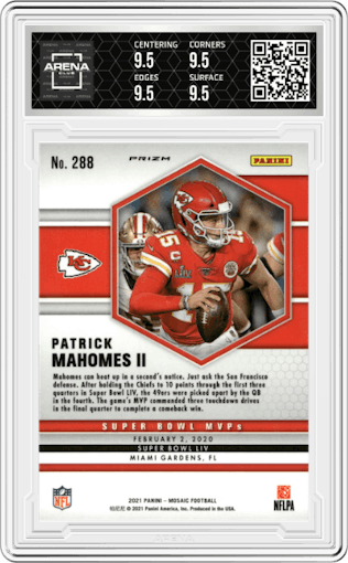 Patrick Mahomes II from the 2021 Panini Mosaic set featuring a Mosaic parallel graded by Arena Club and given an overall grade of 9.5.